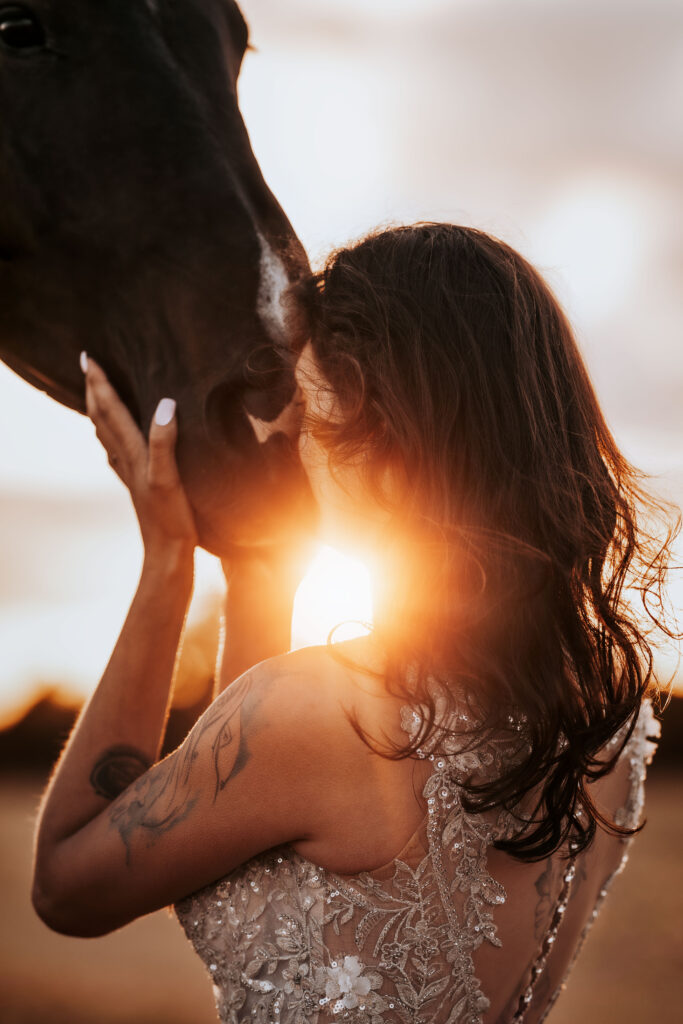 frau mit pferd im sonnenuntergang portrai pferdeshooting